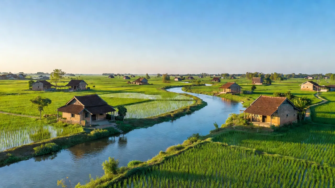 Khung cảnh xã Tiên Du huyện Phù Ninh tỉnh Phú Thọ với dòng sông Lô và cánh đồng xanh.