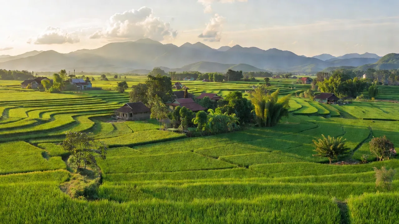 Cảnh đẹp xã Trạm Thản, huyện Phù Ninh, tỉnh Phú Thọ với cánh đồng lúa xanh và núi non.