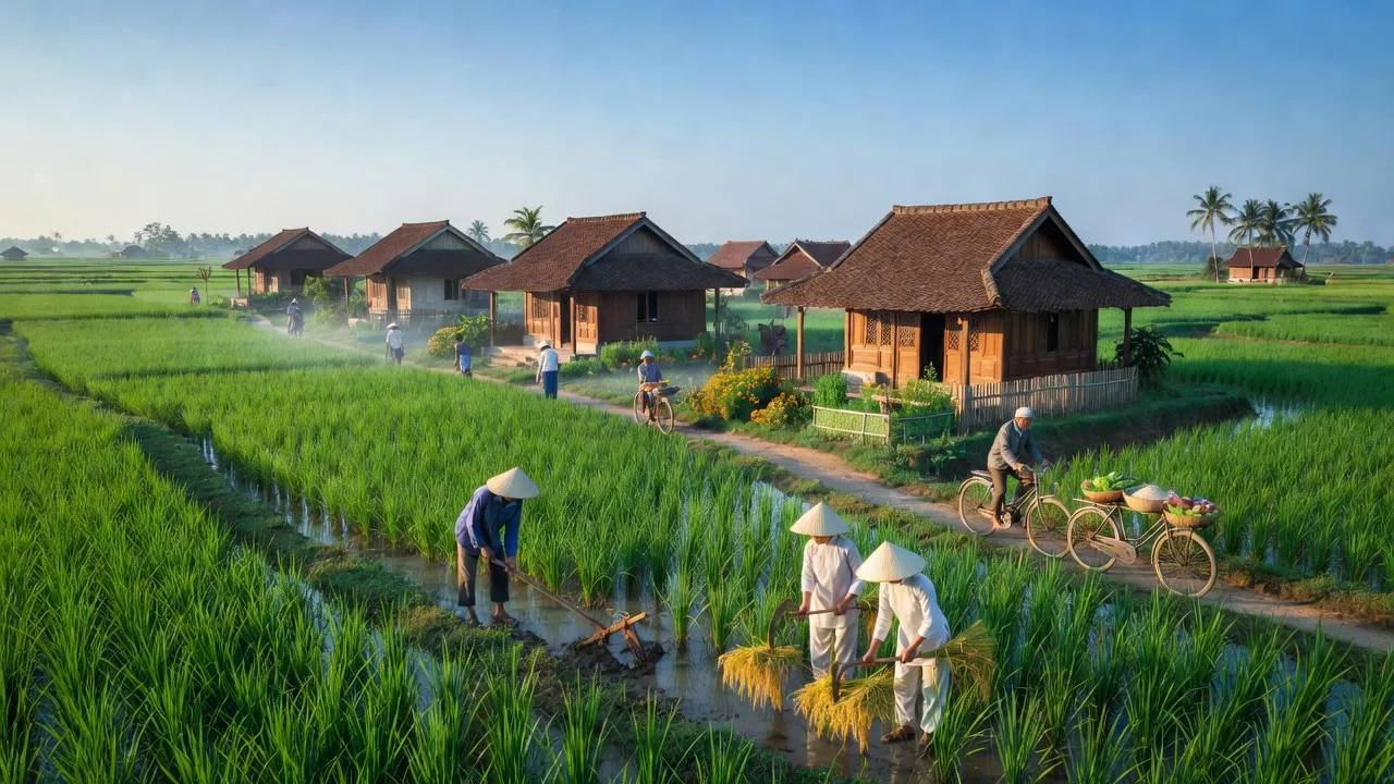 Cảnh đẹp Xã Trạm Thản, Huyện Phù Ninh, Tỉnh Phú Thọ với cánh đồng lúa xanh tươi.