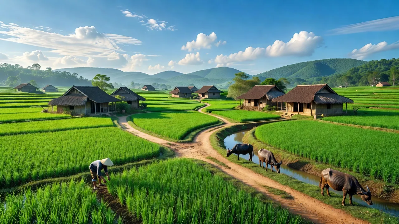 Khung cảnh huyện Tam Nông, Phú Thọ với cánh đồng xanh và nhà truyền thống, nông nghiệp phát triển.