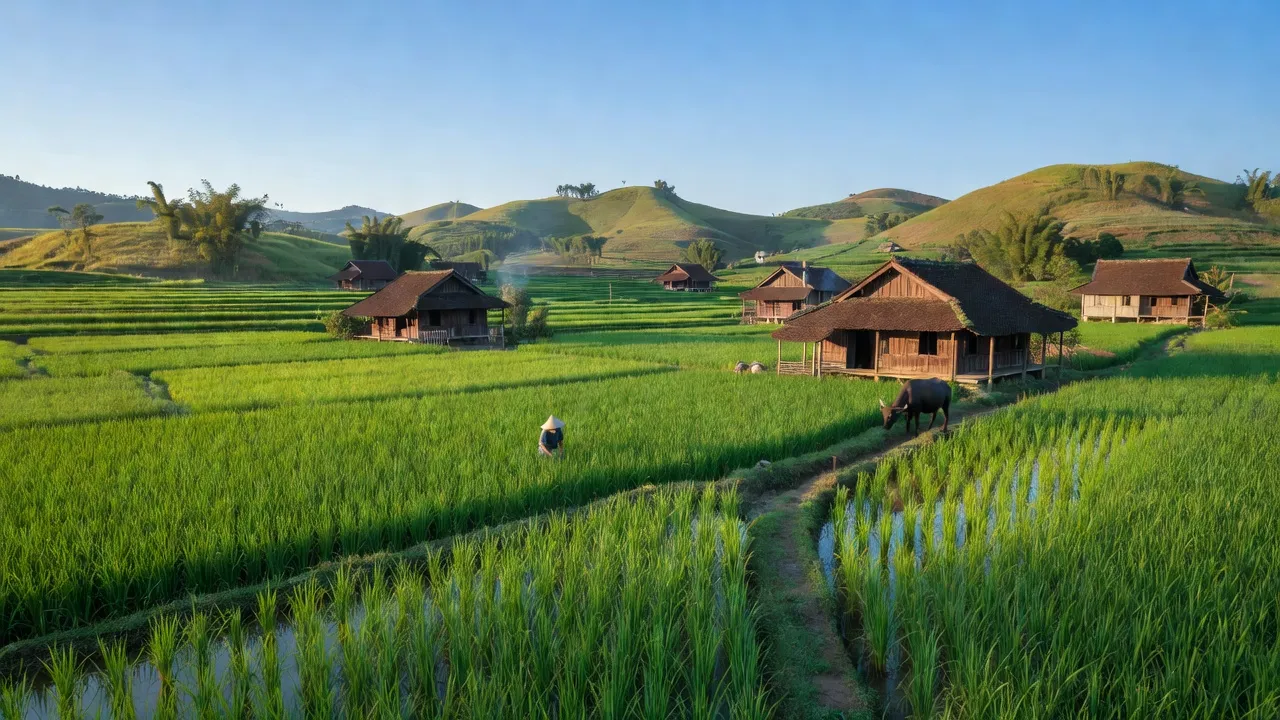 Landschaft huyện Tam Nông, Phú Thọ, đồng cỏ xanh, nhà truyền thống, khí hậu nông thôn miền Bắc.