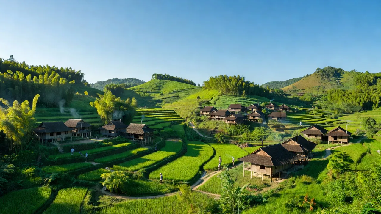 Khung cảnh đẹp Xã Bắc Sơn, huyện Tam Nông, Phú Thọ với đồi núi và làng mạc truyền thống.
