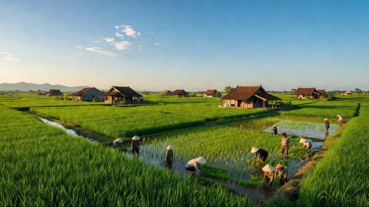 Cảnh đẹp xã Dân Quyền, huyện Tam Nông, Phú Thọ với ruộng lúa, nhà truyền thống và người dân lao động.
