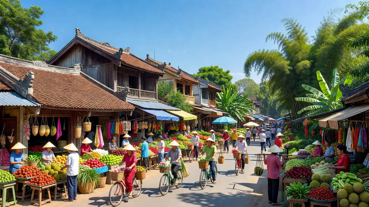 Khung cảnh sôi động tại thị trấn Hưng Hoá, huyện Tam Nông, tỉnh Phú Thọ với cây xanh và trời xanh.