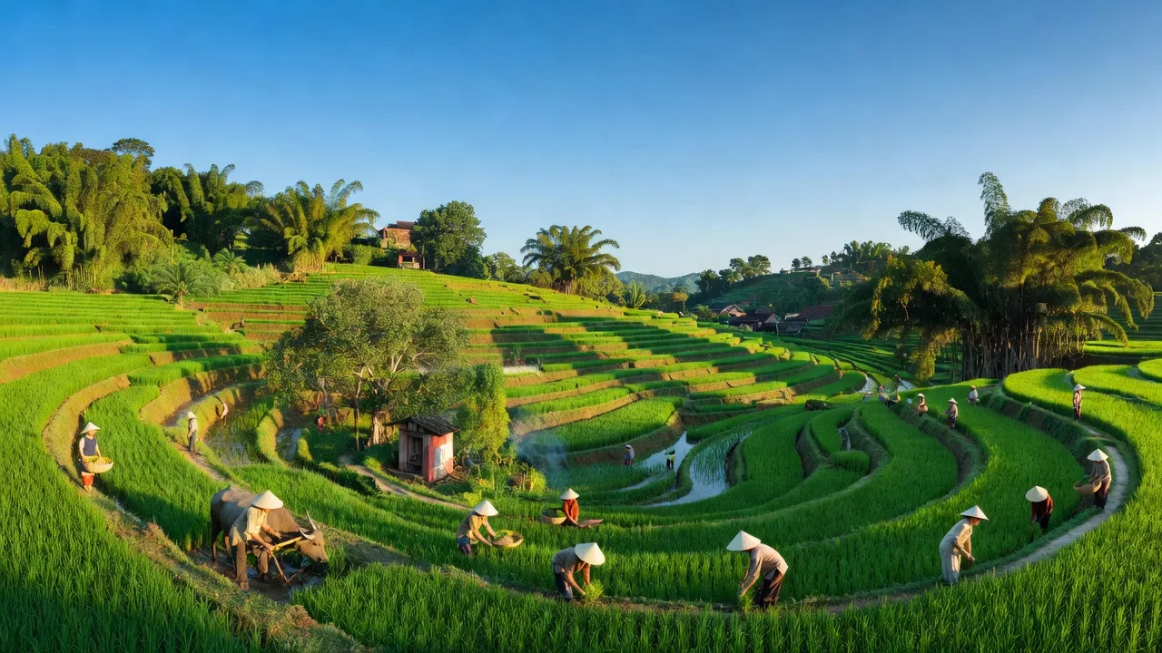 Cảnh nông thôn tại xã Lam Sơn, Tam Nông, Phú Thọ với ruộng bậc thang và bầu trời trong xanh.