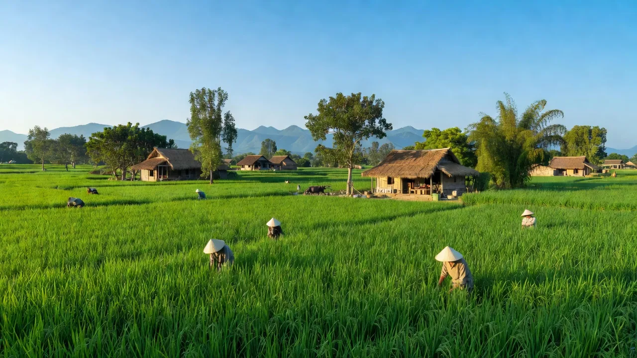 Quang Húc, Tam Nông, Phú Thọ with green rice fields and traditional houses under blue sky.