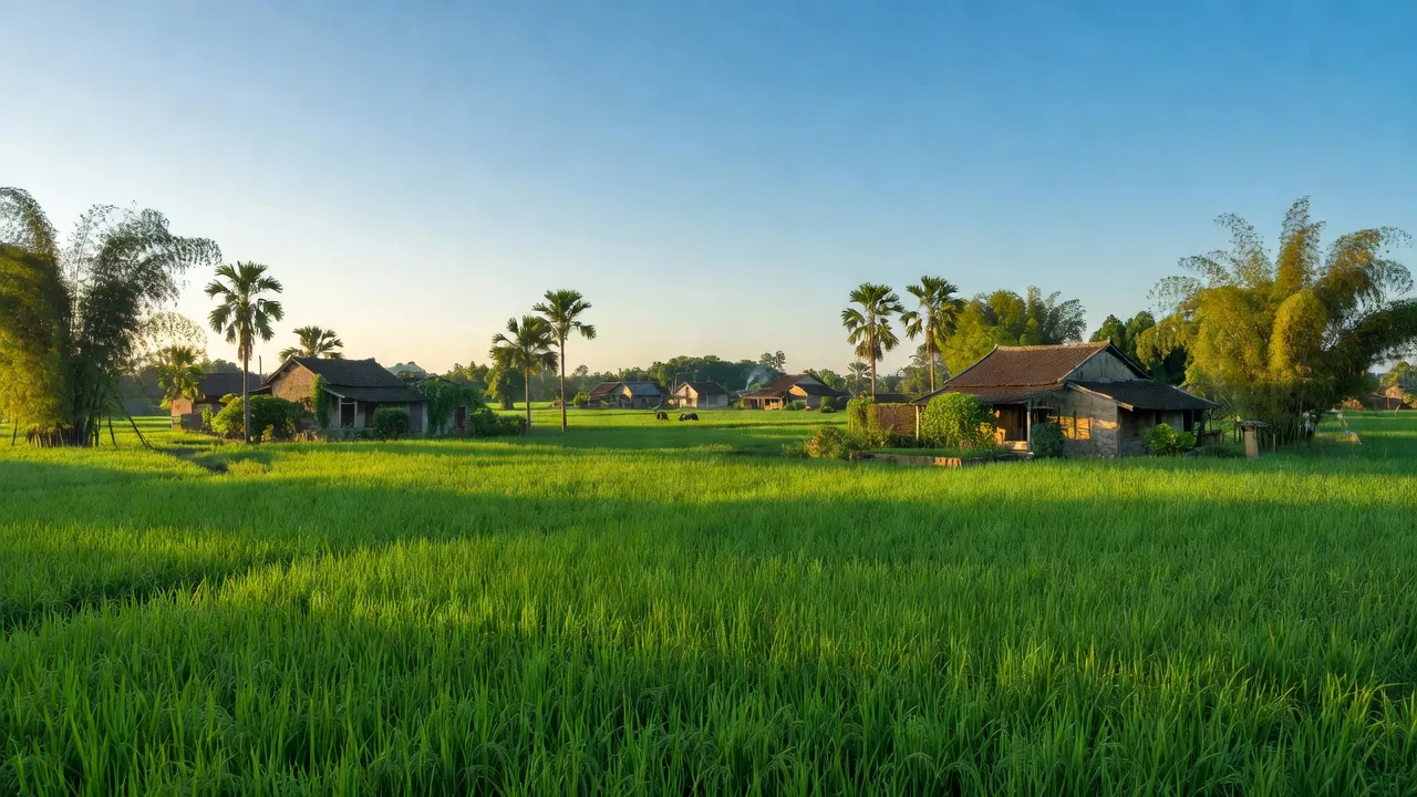 Cảnh quan nông thôn Thọ Văn, Tam Nông, Phú Thọ với đồng xanh, nhà truyền thống, trời trong xanh.