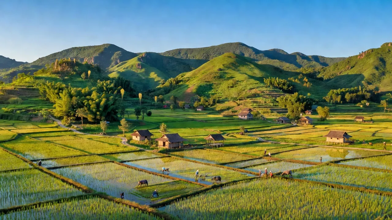 Khung cảnh đồi núi và thung lũng huyện Tân Sơn, Phú Thọ, trong ánh nắng mùa hè.
