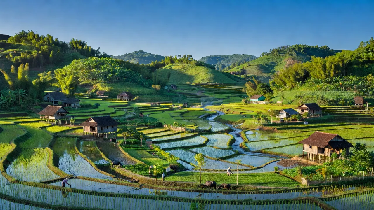 Khung cảnh huyện Tân Sơn, Phú Thọ với đồi núi xanh, thung lũng và kiến trúc nông thôn truyền thống.