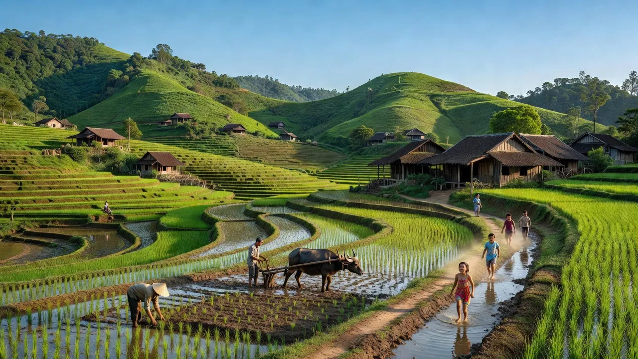 Cảnh đồng quê Xã Đồng Sơn, huyện Tân Sơn, Phú Thọ với cánh đồng xanh và nhà truyền thống.