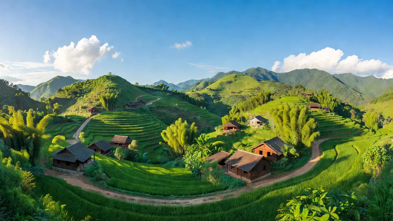 Cảnh đẹp xã Kim Thượng, huyện Tân Sơn, tỉnh Phú Thọ với đồi núi xanh tươi và nhà gỗ truyền thống.
