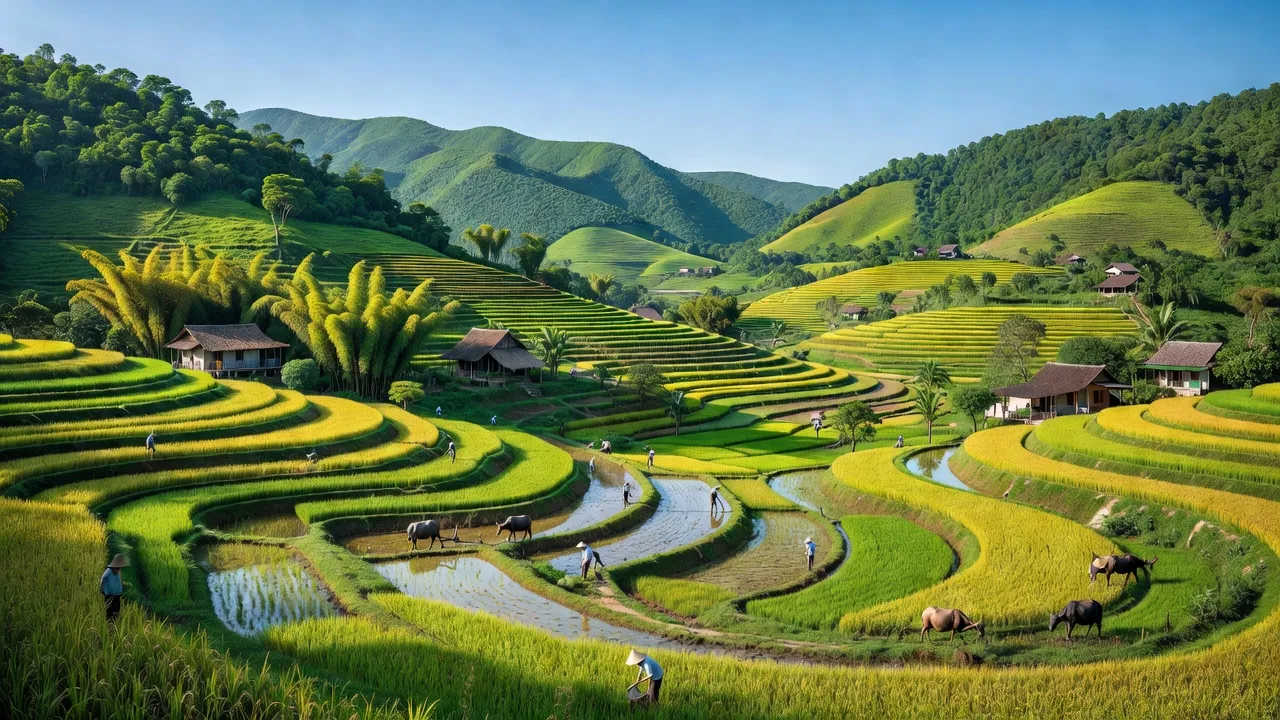 Khung cảnh đẹp của xã Vinh Tiền huyện Tân Sơn, tỉnh Phú Thọ, với đồi núi và ruộng lúa xanh.