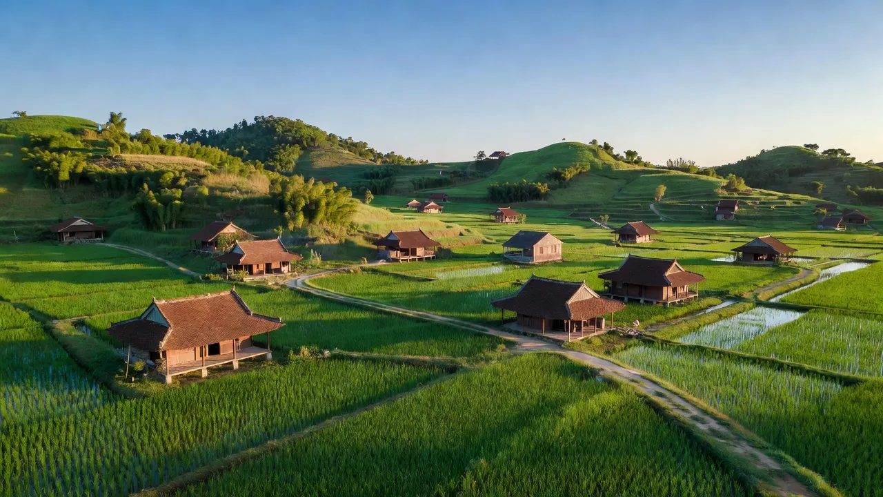 Cảnh quan huyện Thanh Ba, Phú Thọ với đồi núi, cánh đồng xanh và bầu trời trong xanh.