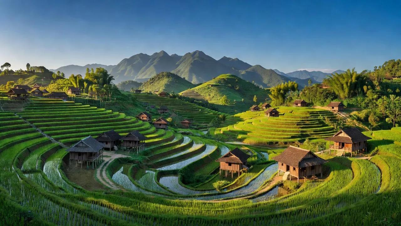 Khung cảnh yên bình huyện Thanh Ba, Phú Thọ với thung lũng xanh và nhà gỗ truyền thống.