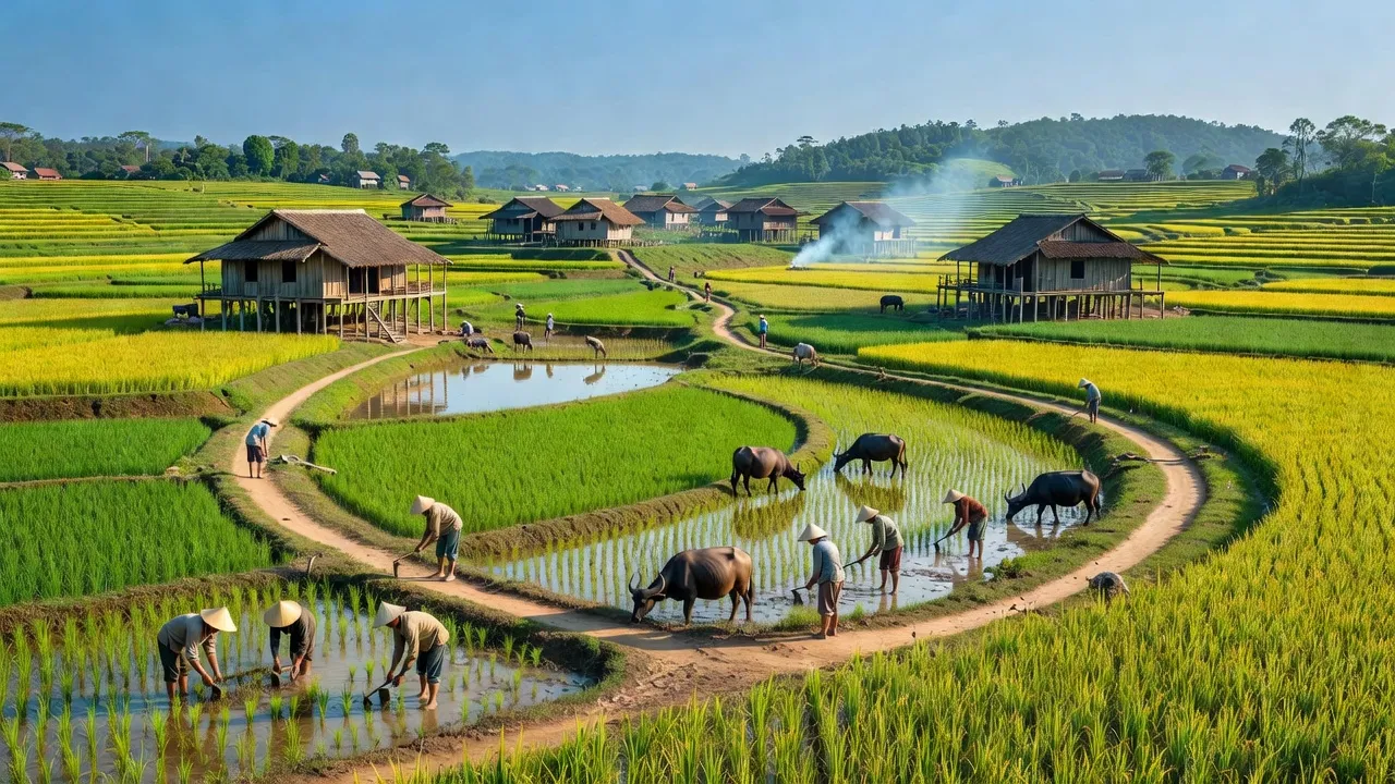 Cuộc sống nông thôn ở xã Đỗ Xuyên, huyện Thanh Ba, tỉnh Phú Thọ với cánh đồng xanh tươi.