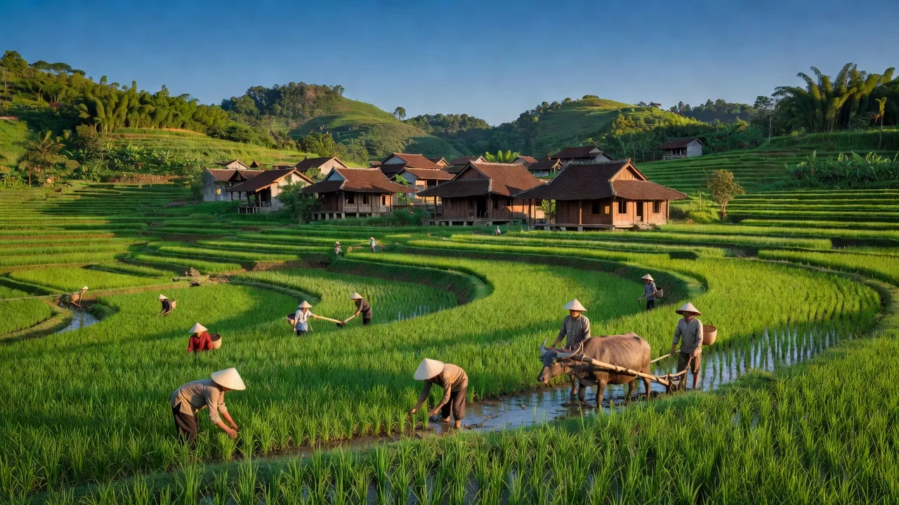 Quang cảnh Xã Đông Lĩnh, Huyện Thanh Ba, Tỉnh Phú Thọ với cánh đồng xanh và nhà cổ kính.