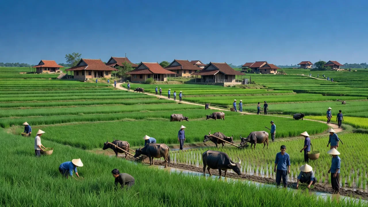 Cảnh đẹp xã Đông Thành, huyện Thanh Ba, tỉnh Phú Thọ với ruộng xanh và nhà truyền thống.