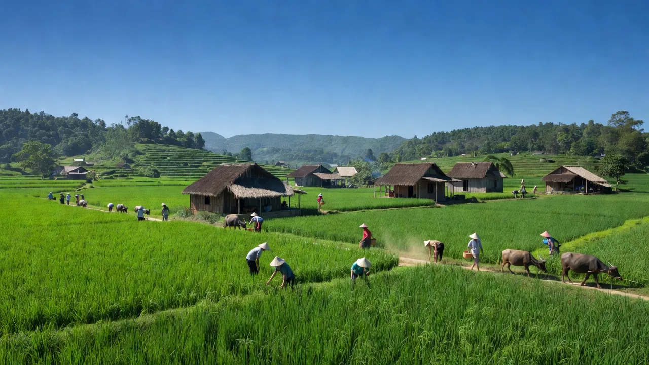 Cảnh quan xã Quảng Yên, huyện Thanh Ba, tỉnh Phú Thọ với cánh đồng xanh tươi và nhà truyền thống.
