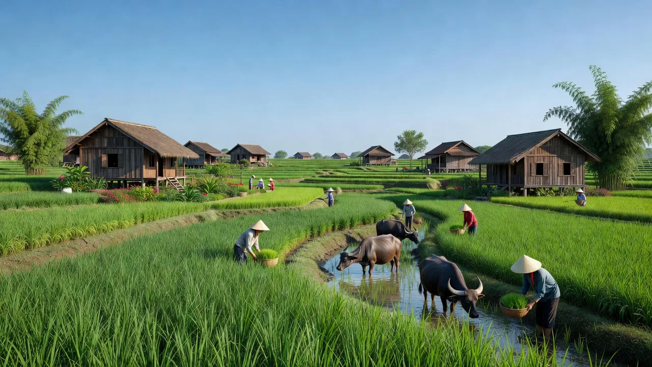 Cảnh đồng xanh ở xã Thanh Hà, huyện Thanh Ba, tỉnh Phú Thọ với nhà truyền thống và bầu trời trong xanh.