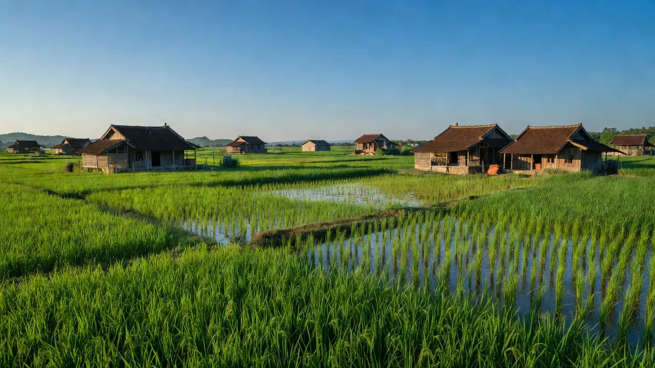 Khung cảnh thôn quê xã Thanh Hà, huyện Thanh Ba, tỉnh Phú Thọ với đồng lúa xanh tươi.