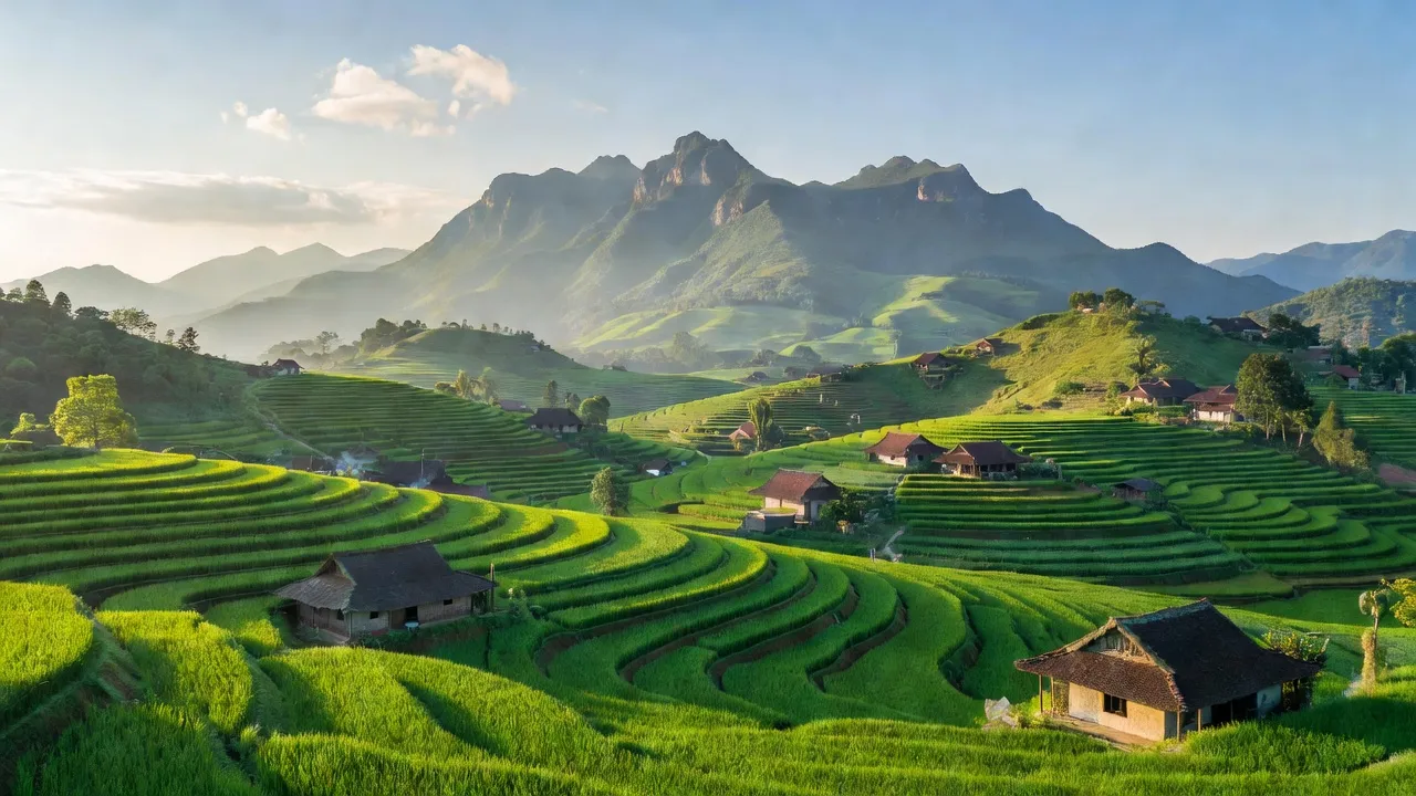 Khung cảnh huyện Thanh Sơn, Phú Thọ với đồi núi xanh tươi và cánh đồng nông nghiệp.