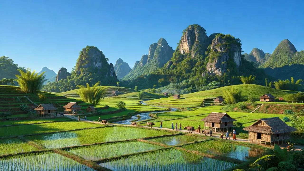 Phong cảnh huyện Thanh Sơn, tỉnh Phú Thọ với núi và đồng ruộng xanh, thể hiện vẻ đẹp tự nhiên.