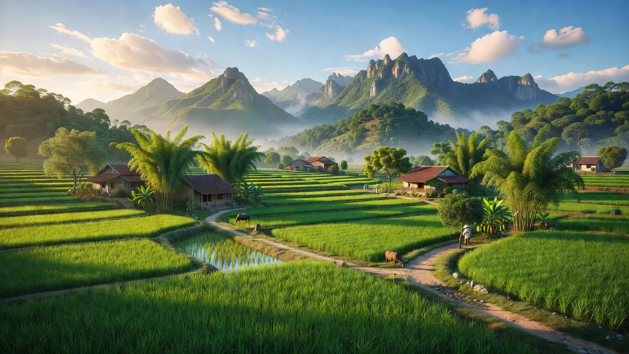 Cảnh quan xã Lương Nha, huyện Thanh Sơn, tỉnh Phú Thọ với đồng ruộng, núi non và bầu trời trong xanh.