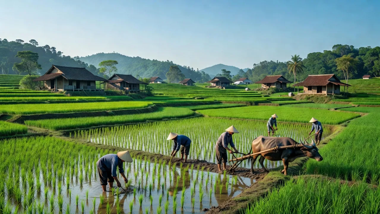 Vẻ đẹp thiên nhiên xã Lương Nha, huyện Thanh Sơn, tỉnh Phú Thọ với cánh đồng và nhà ở nông thôn.