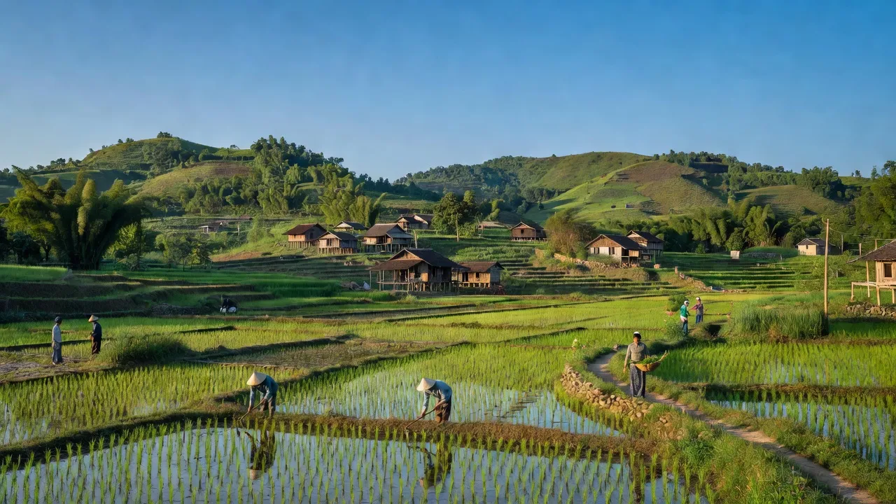 Khung cảnh nông thôn xã Tân Lập, Thanh Sơn, Phú Thọ với đồi núi, xóm làng yên bình.
