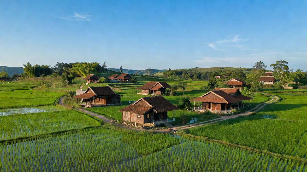 Cảnh đẹp xã Thạch Khoán, huyện Thanh Sơn, tỉnh Phú Thọ với đồng xanh và nhà truyền thống.