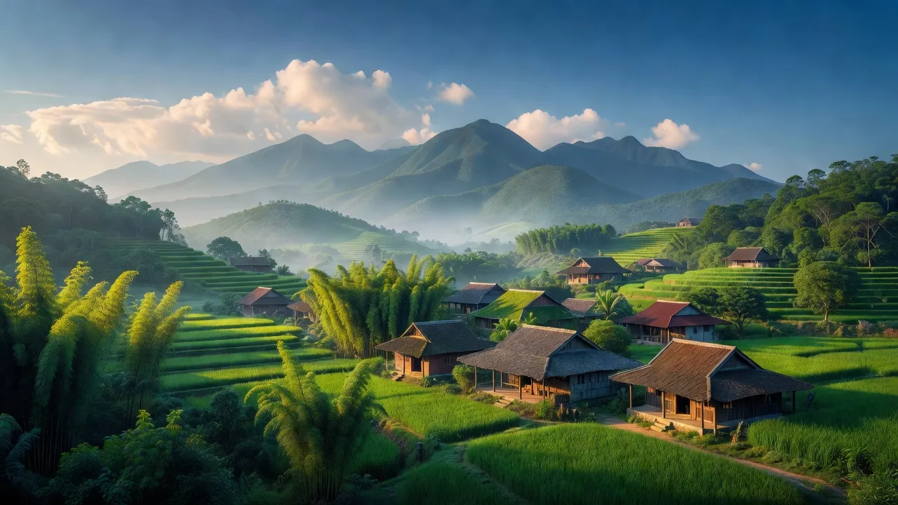 Phong cảnh xã Tinh Nhuệ, huyện Thanh Sơn, tỉnh Phú Thọ với núi non, nhà truyền thống, thời tiết trong lành.