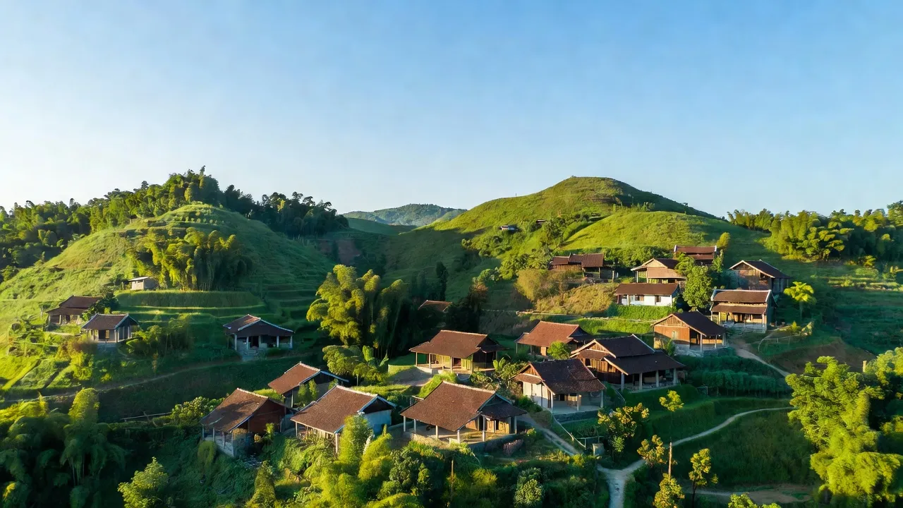 Cảnh đẹp xã Yên Lương, huyện Thanh Sơn, tỉnh Phú Thọ với đồi núi và nhà dân truyền thống.