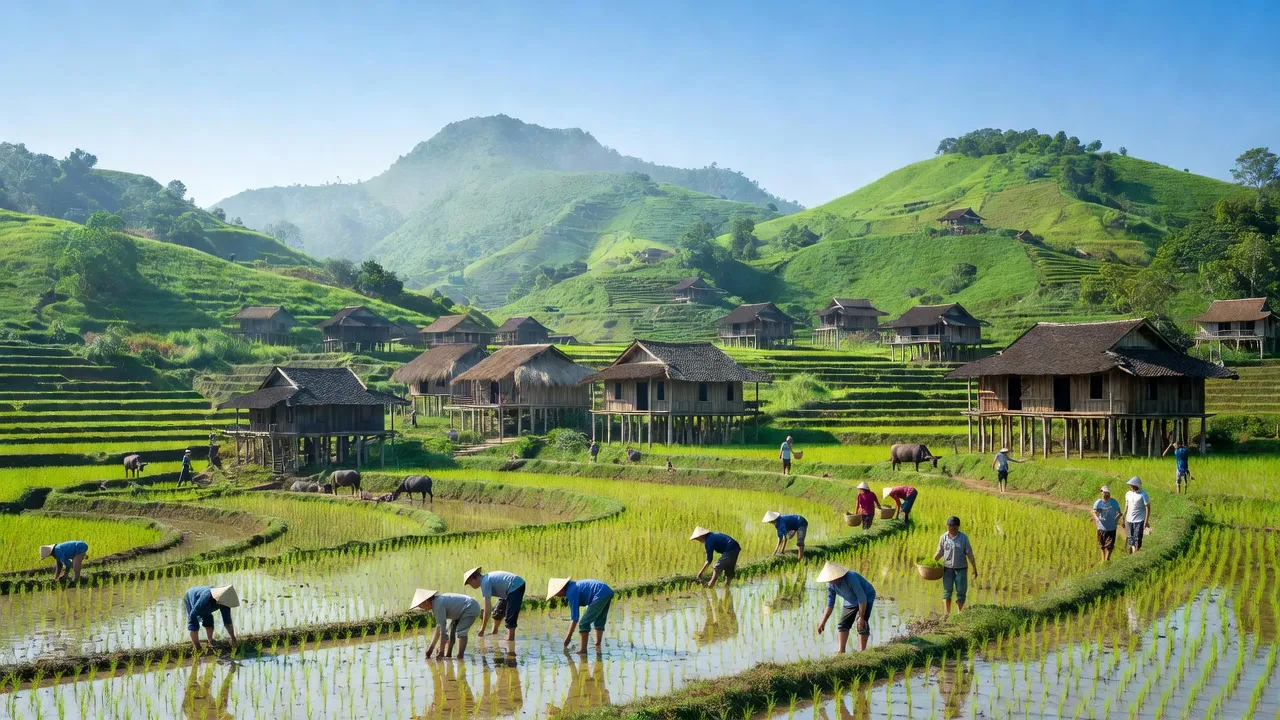 Khung cảnh Xã Yên Lương huyện Thanh Sơn, Phú Thọ với đồi núi xanh và nhà truyền thống.