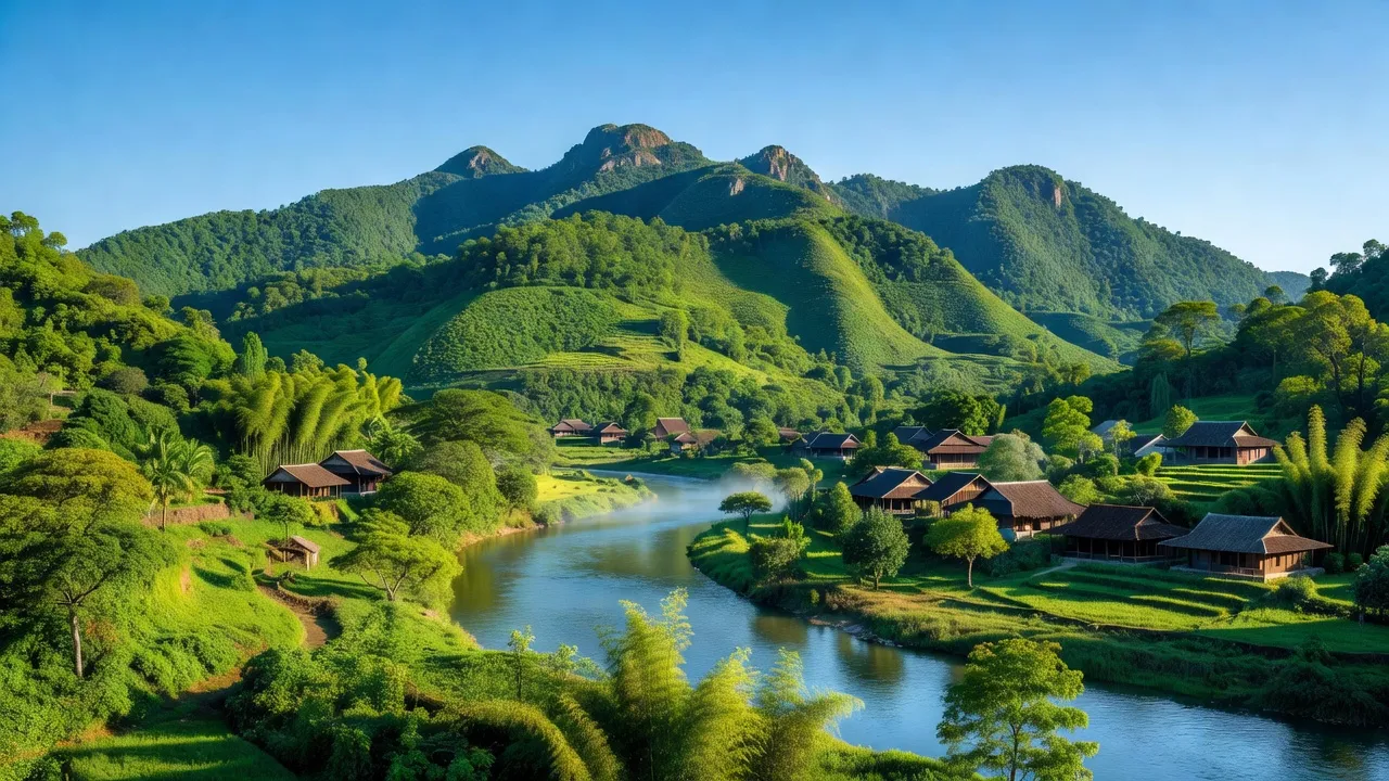 Cảnh đẹp huyện Thanh Thuỷ, tỉnh Phú Thọ với núi Tản và sông Đà, thiên nhiên tươi đẹp.