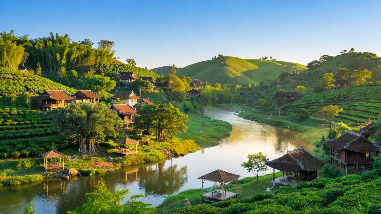 Khung cảnh huyện Thanh Thuỷ với núi và sông Đà, thiên nhiên tươi đẹp, phong cảnh yên bình.