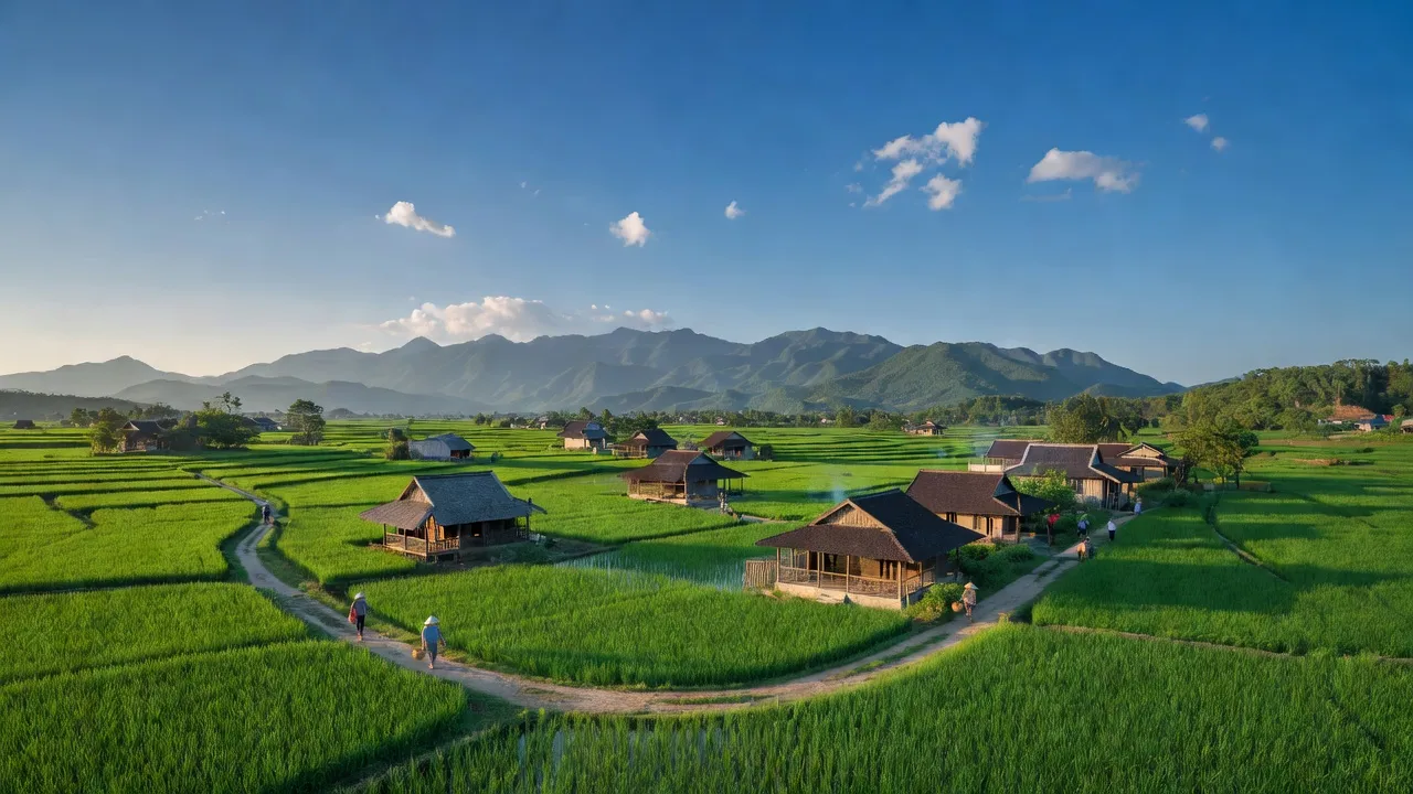 Cảnh đẹp xã Đồng Trung, huyện Thanh Thuỷ, Phú Thọ với đồng xanh và nhà truyền thống.