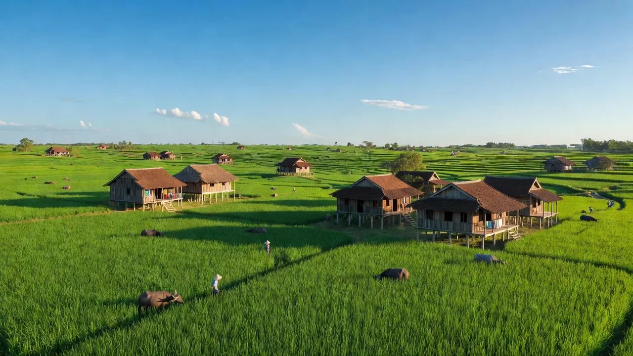 Cảnh quan nông thôn Xã Tu Vũ, Huyện Thanh Thuỷ, Tỉnh Phú Thọ với cánh đồng xanh và bầu trời trong.