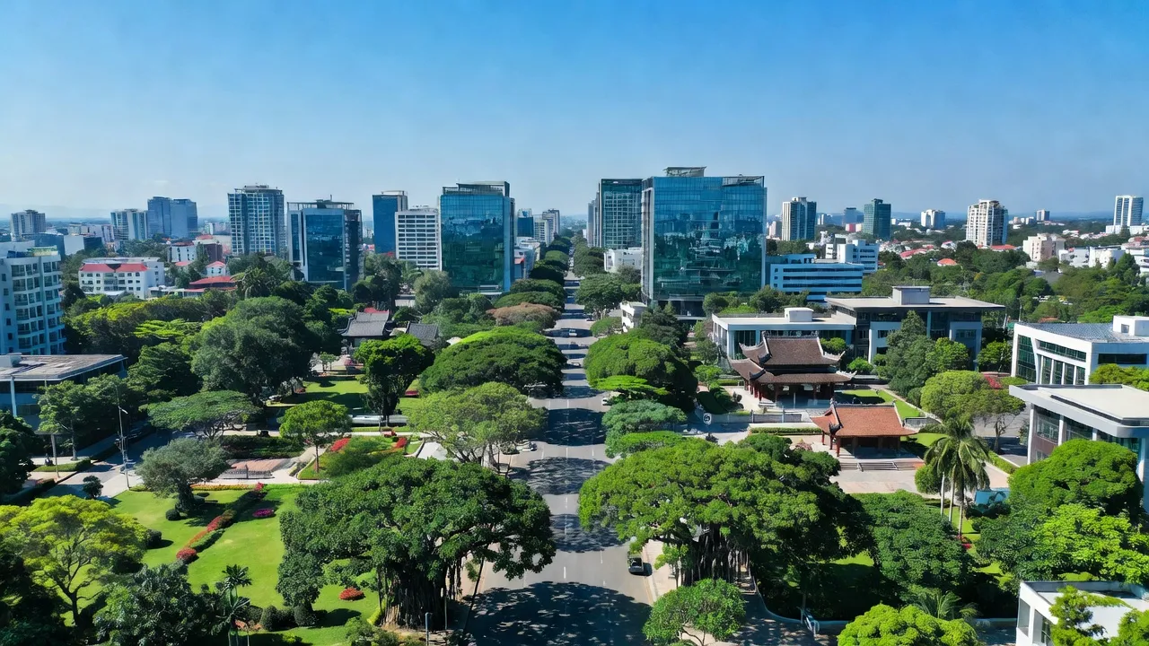 Khung cảnh thành phố Việt Trì, Phú Thọ với kiến trúc hiện đại, cây xanh và bầu trời trong trẻo.