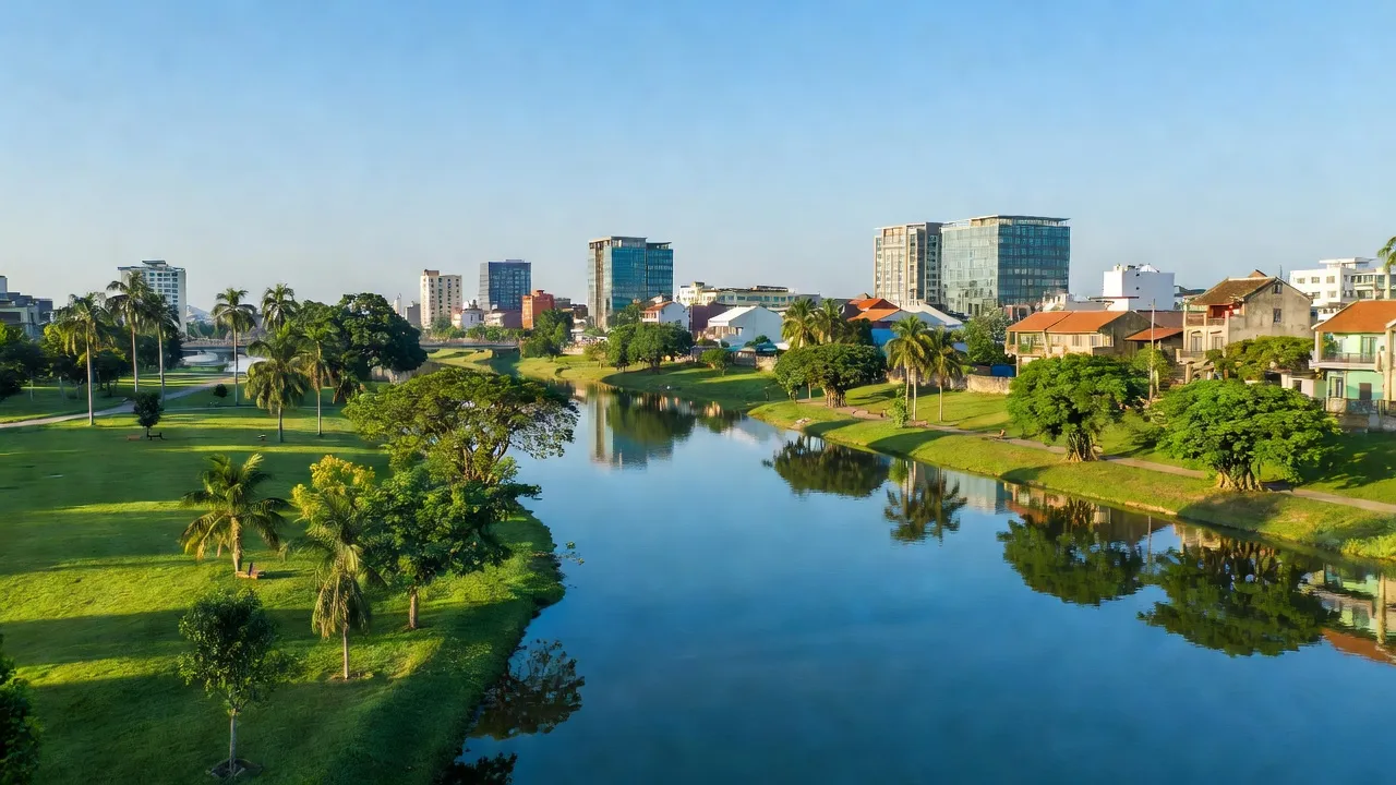 Khung cảnh bình yên ở Phường Bạch Hạc, thành phố Việt Trì với sông và kiến trúc đô thị.