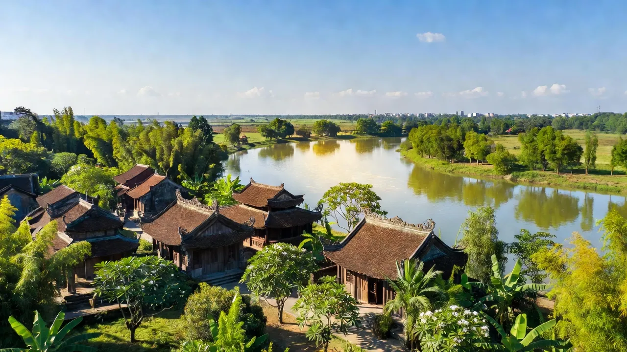Khung cảnh Phường Dữu Lâu, Thành phố Việt Trì, với sông Lô và kiến trúc cổ xưa.