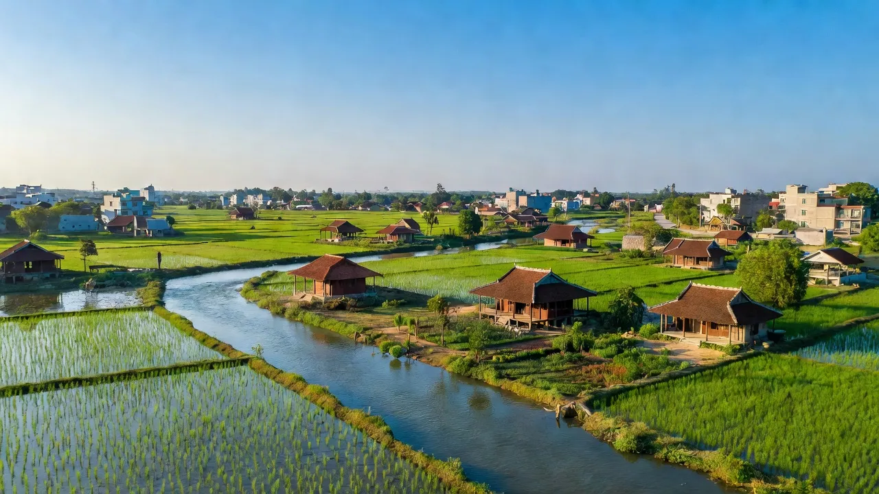 Phong cảnh xã Sông Lô, Việt Trì, Phú Thọ với sông, cánh đồng xanh và nhà truyền thống.