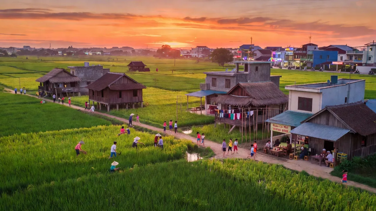 Xã Thanh Đình, Việt Trì with green fields and local architecture, representing urban-rural harmony.