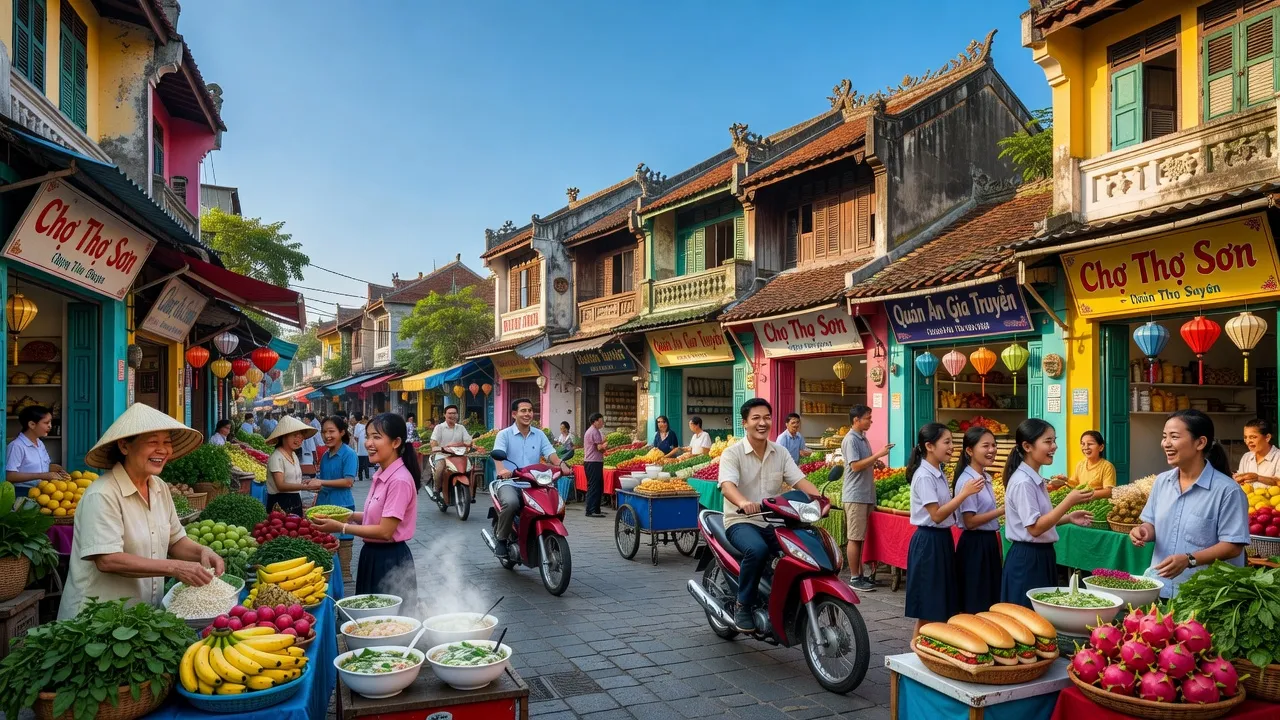 Phường Thọ Sơn, Việt Trì with vibrant local markets, colorful shops, and traditional architecture under blue skies.