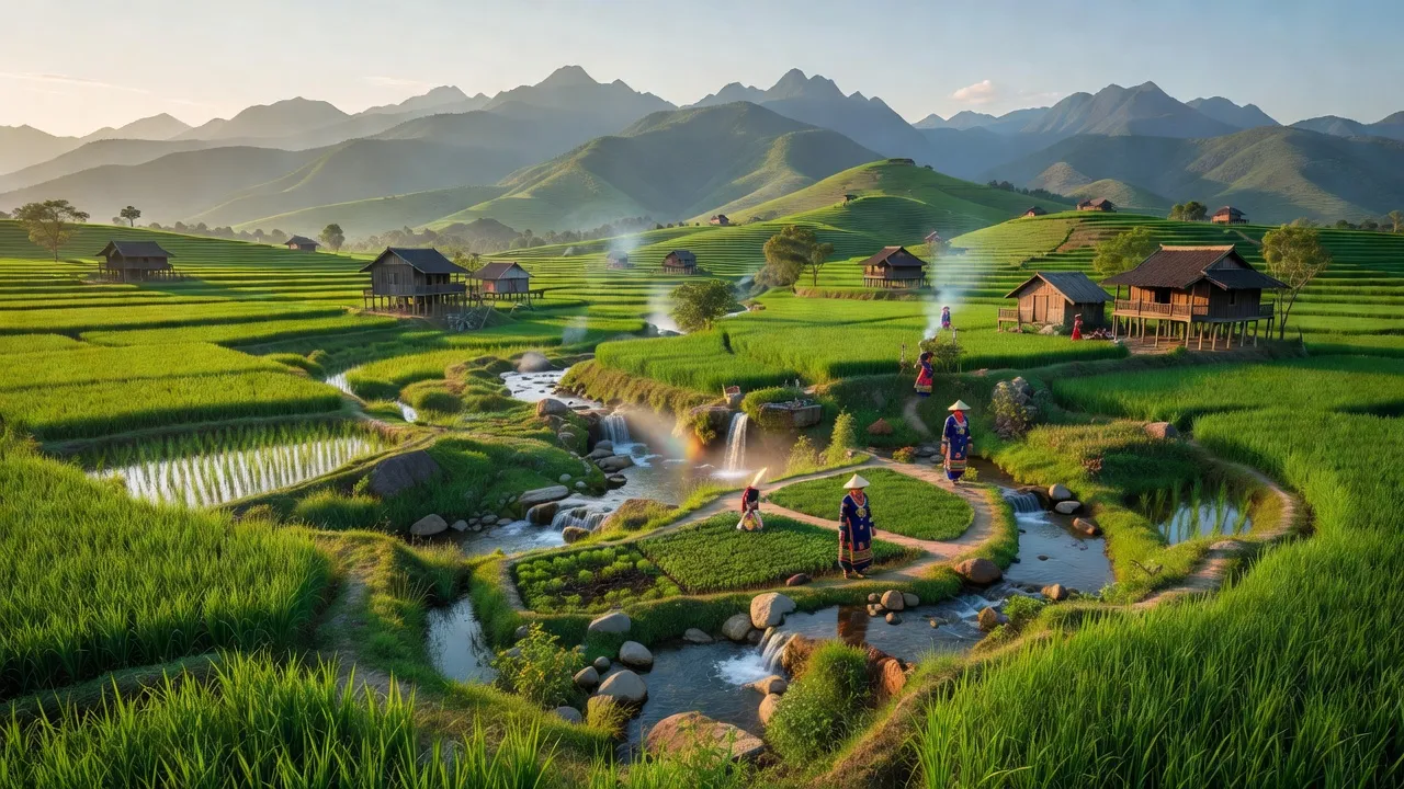 Cảnh quan huyện Yên Lập, Phú Thọ với núi non hùng vĩ và phong cảnh thiên nhiên xanh tươi.
