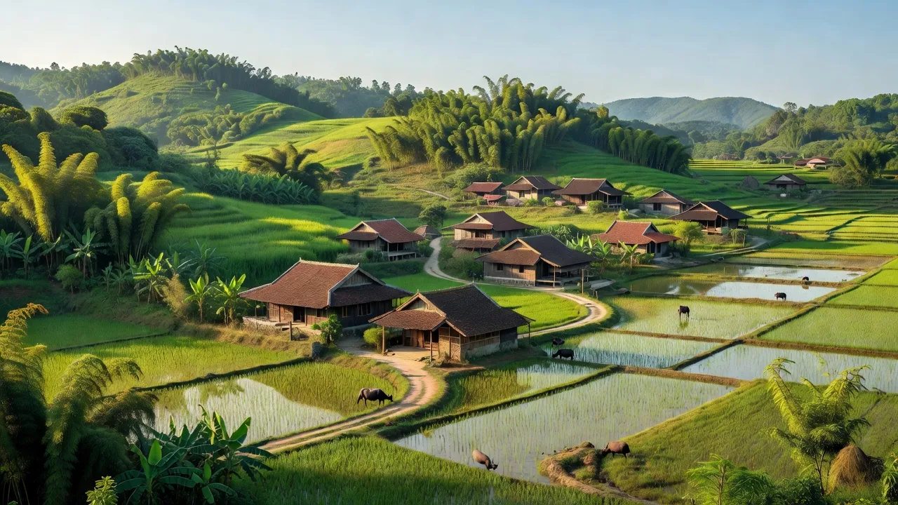 Cảnh đẹp xã Đồng Lạc, huyện Yên Lập, tỉnh Phú Thọ với đồi xanh và ruộng đồng.