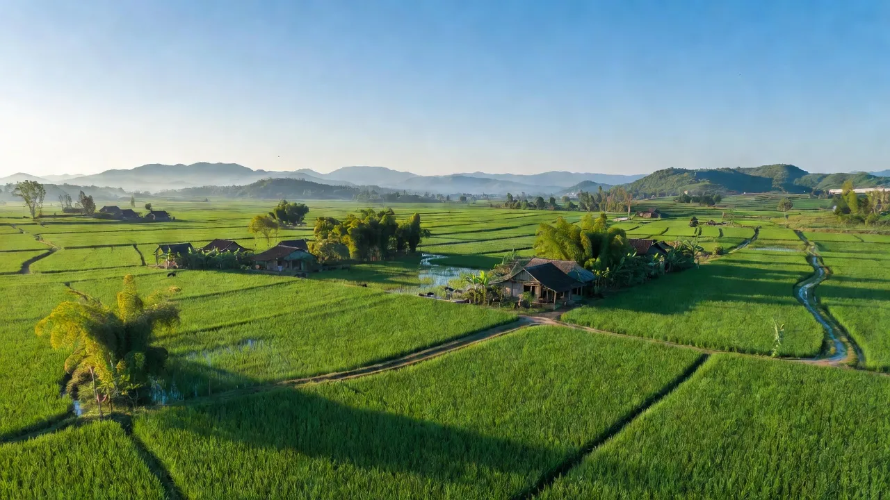 Cảnh đẹp xã Xuân Thủy, huyện Yên Lập, tỉnh Phú Thọ với cánh đồng xanh và không gian yên bình.