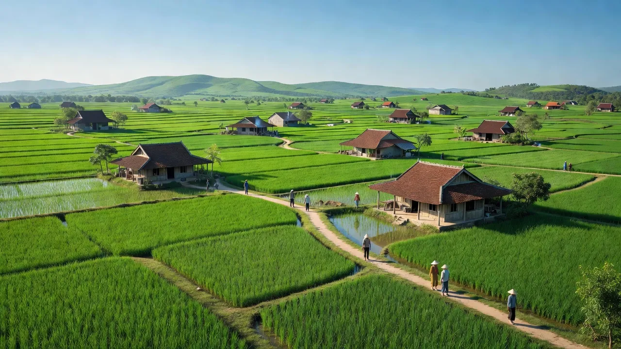 Khung cảnh hữu tình ở Xã Xuân Viên, Huyện Yên Lập, với cánh đồng xanh mướt và nhà truyền thống.