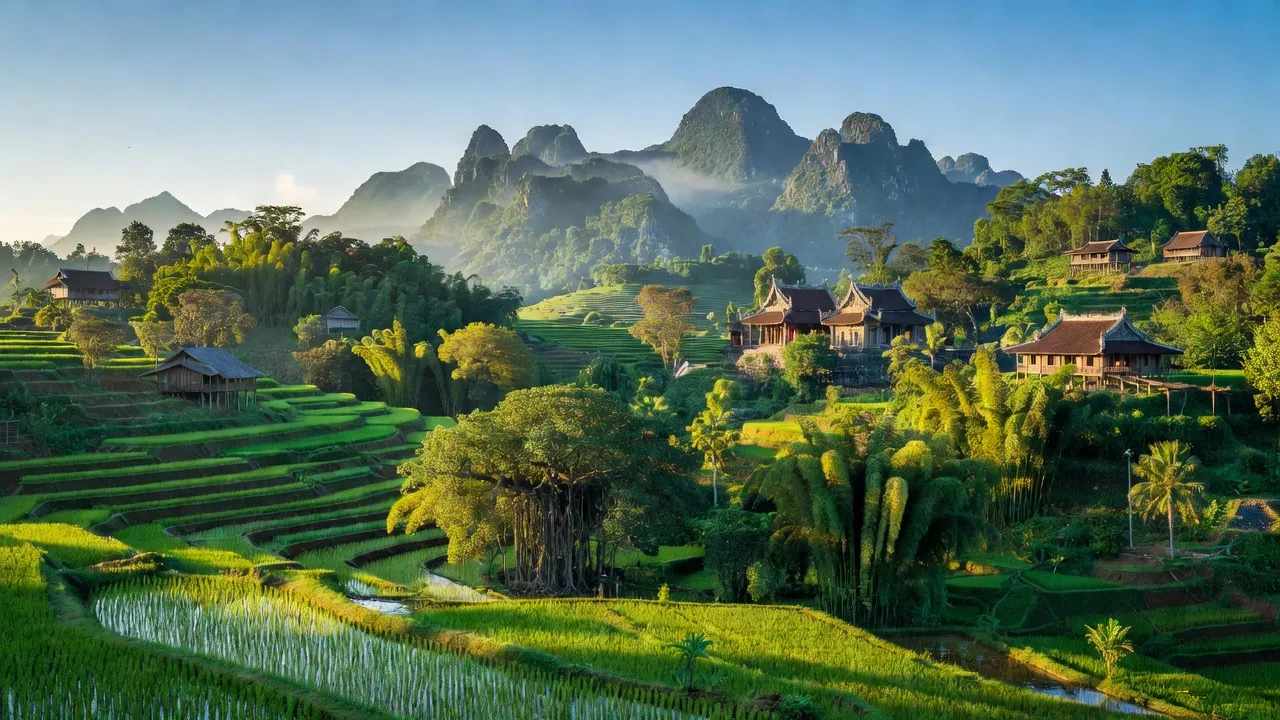 Khung cảnh đẹp tỉnh Phú Thọ với đồi núi, thung lũng và kiến trúc truyền thống, rõ nét.