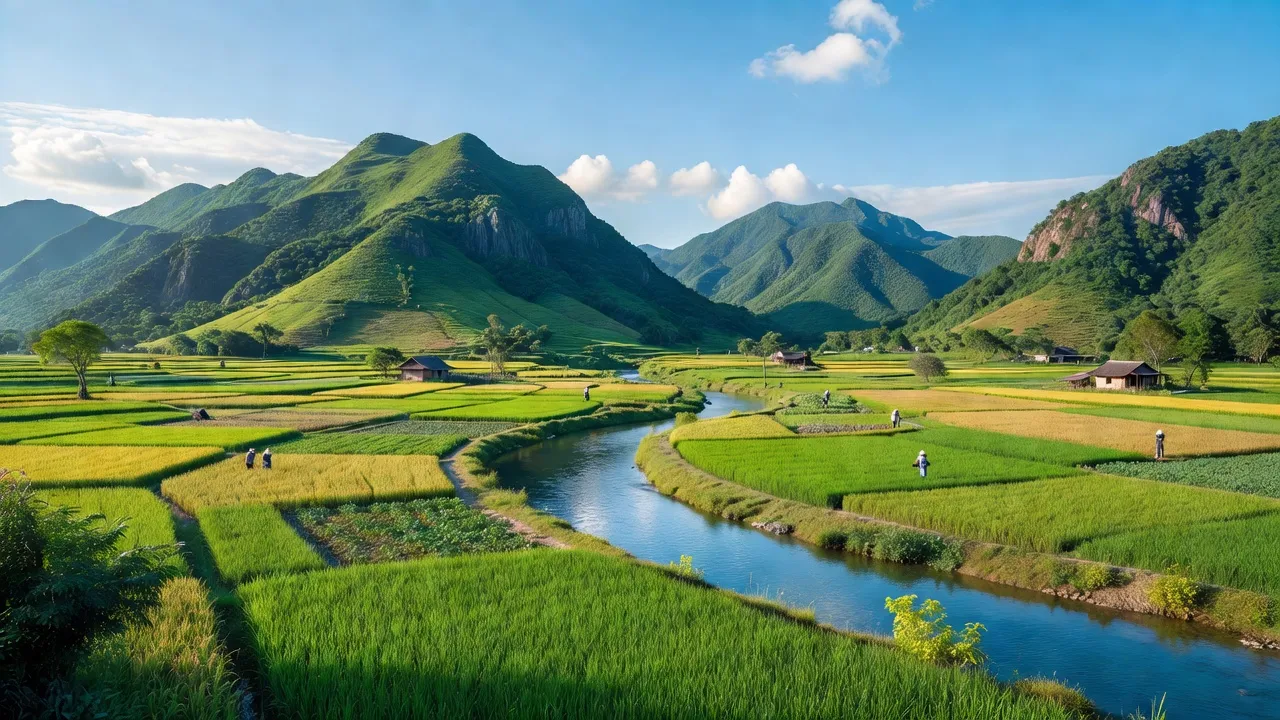 Cảnh đẹp huyện Đồng Xuân, Phú Yên với núi đồi xanh, sông suối và đồng ruộng màu mỡ.