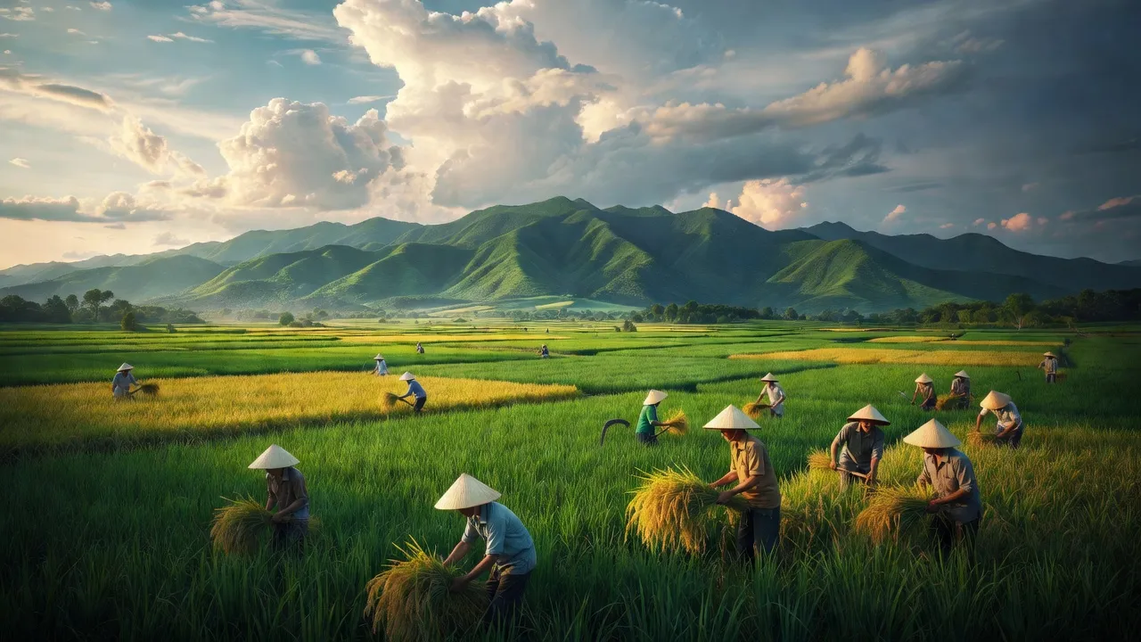 Khung cảnh Huyện Phú Hoà, tỉnh Phú Yên, với đồng ruộng và hoạt động nông nghiệp sôi động.
